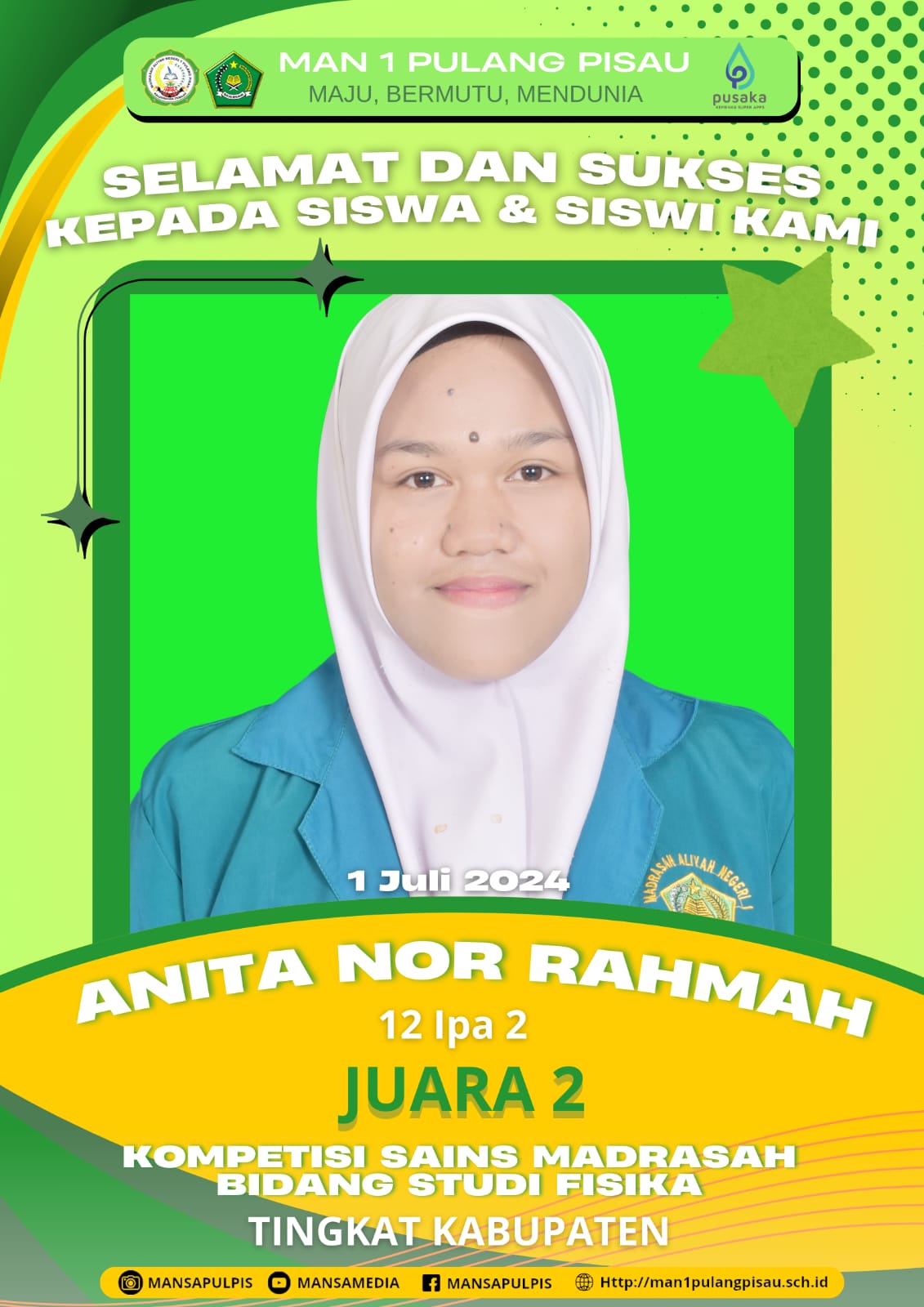 Anita Nor Rahmah Berhasil Meraih Juara 2 KSM Bidang Fisika